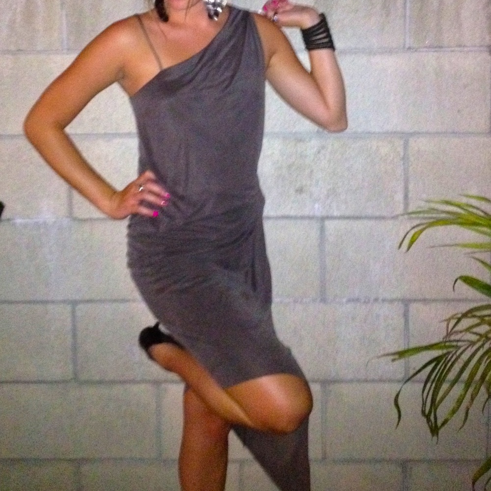 Helmut Lang, slate grey micro-suede asymmetrical midi dress.